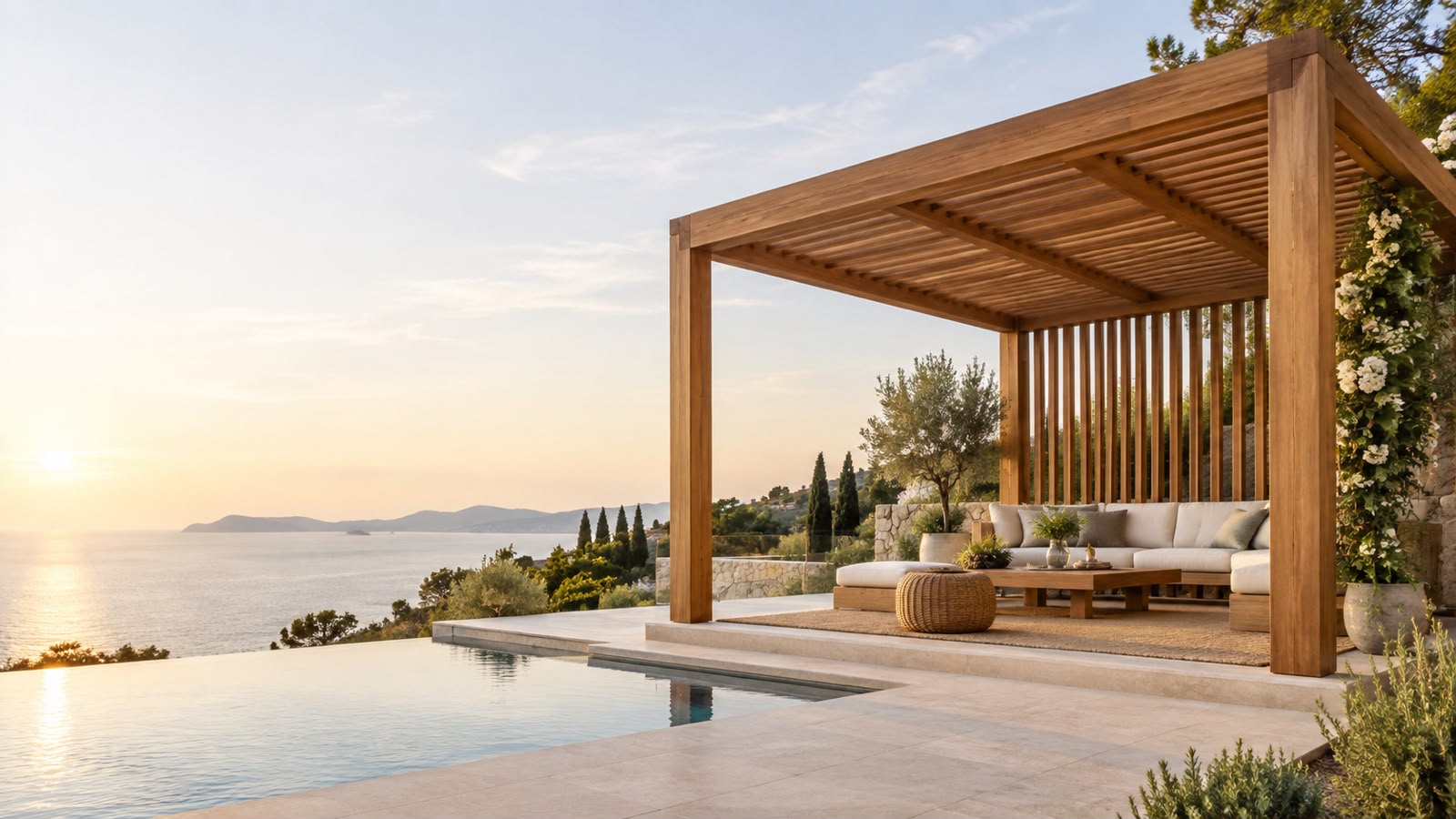 Pergolado de madeira junto à piscina